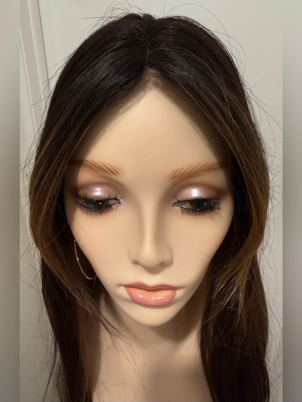 HAIR, 24” Straight Topper, Whispy bangs, Center Part, Brown Carmel Highlights